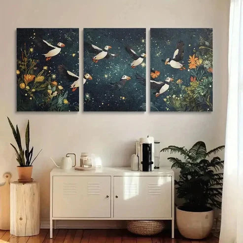 3pcs Puffins Soaring Through Night Sky Art Set Canvas Unframed - High Quality Print 100% Australian Made Wall Canvas