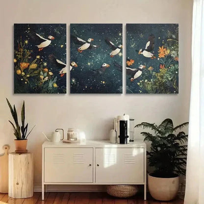 3pcs Puffins Soaring Through Night Sky Art Set Canvas Unframed - High Quality Print 100% Australian Made Wall Canvas