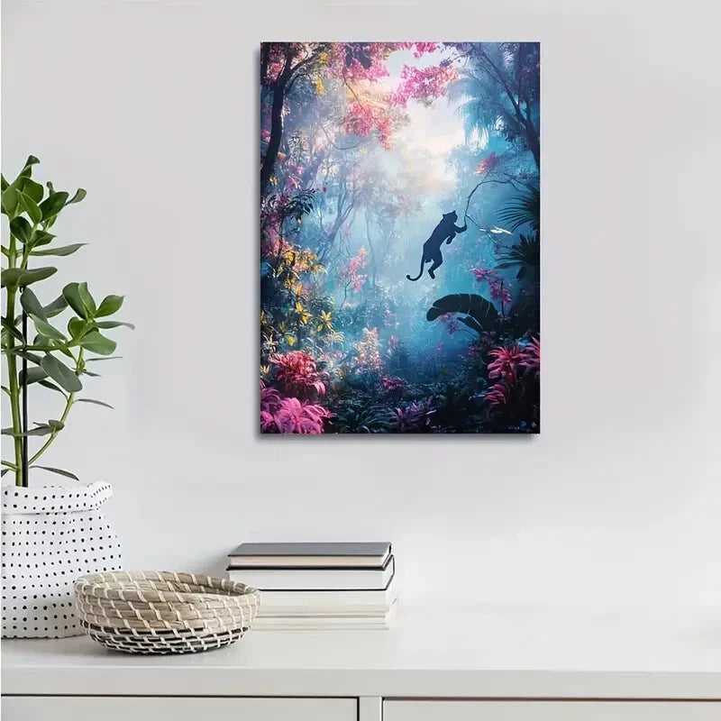 Vibrant Panther Swinging in Magical Forest Painting 40x60cm Metal Print Ready to Hang - Bella Home Decor