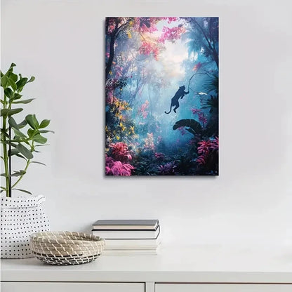 Vibrant Panther Swinging in Magical Forest Painting 40x60cm Metal Print Ready to Hang - Bella Home Decor