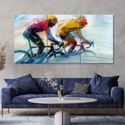3pcs Two Cyclists Racing Sports Scene   Wall Art Canvas Framed 40x60cm - High Quality Print 100% Australian Made Wall Canvas Ready to Hang