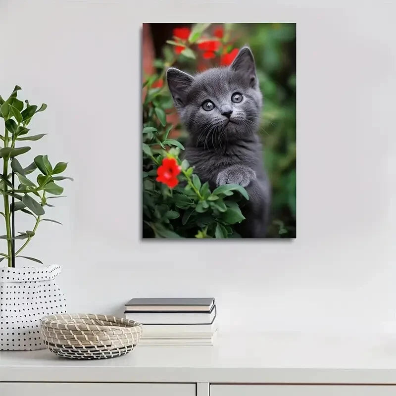 Adorable Russian Blue Kitten with Flowers Painting 40x60cm Metal Print Ready to Hang - Bella Home Decor