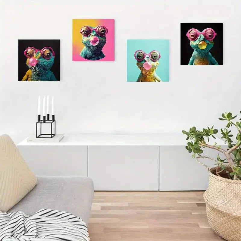 4pcs  Modern Animal Poster With Bubble Gum,Wall Art Canvas Framed