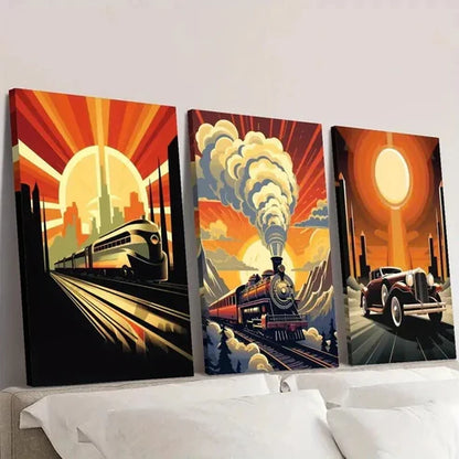 3pcs Steam Age & Industrial Cars & Trains Wall Art Set Canvas Unframed - High Quality Print 100% Australian Made Wall Canvas