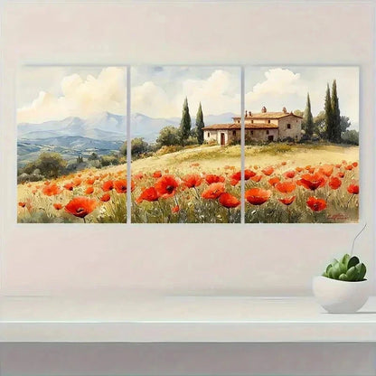 3pcs Tuscany Poppy Cottage Countryside Perfect Wall Art Set Canvas Framed 50x70cm - High Quality Print 100% Australian Made Wall Canvas Ready to Hang