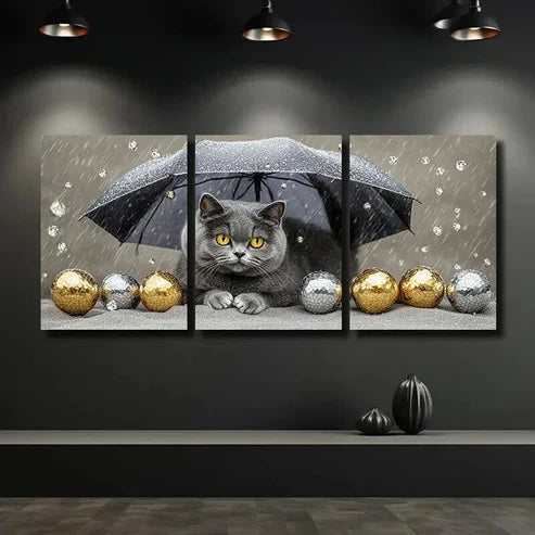 3pcs Charming Grey Cat Under Rain Wall Art Canvas Unframed – High Quality Print 100% Australian Made Wall Canvas - Bella Home Decor