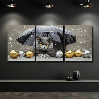 3pcs Charming Grey Cat Under Rain Wall Art Canvas Unframed – High Quality Print 100% Australian Made Wall Canvas - Bella Home Decor