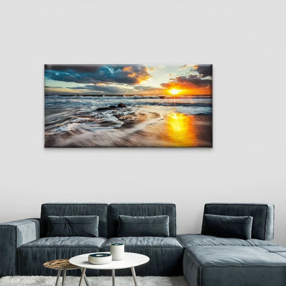 Sunset Beach Waves Crassh Wall Art Canvas Office Home Room Framed 120x60cm