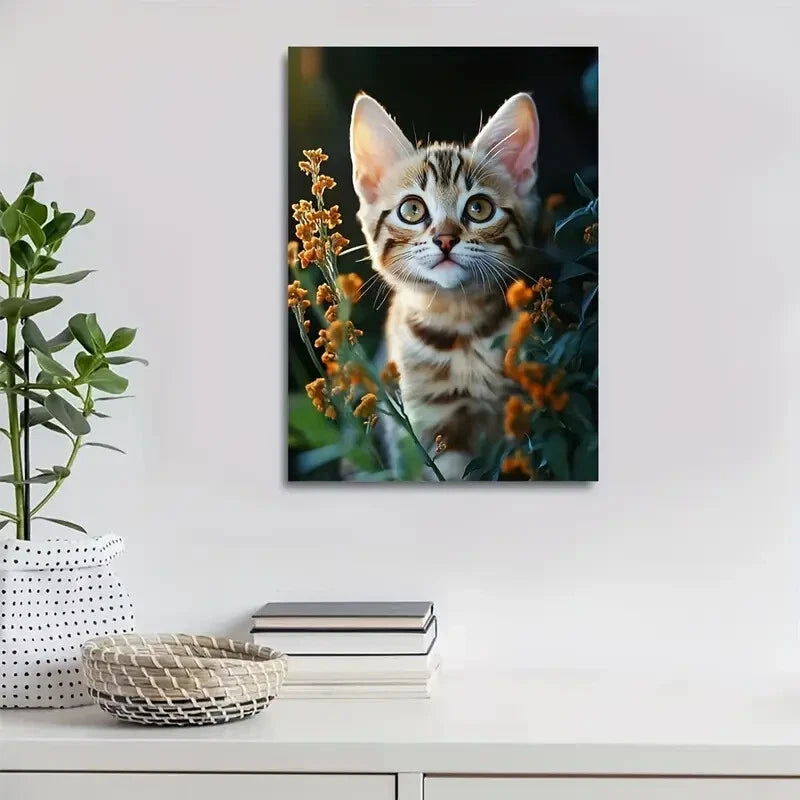 Flowers And Plants Cute Bengal Cat Kitten Painting 40x60cm Metal Print Ready to Hang - Bella Home Decor