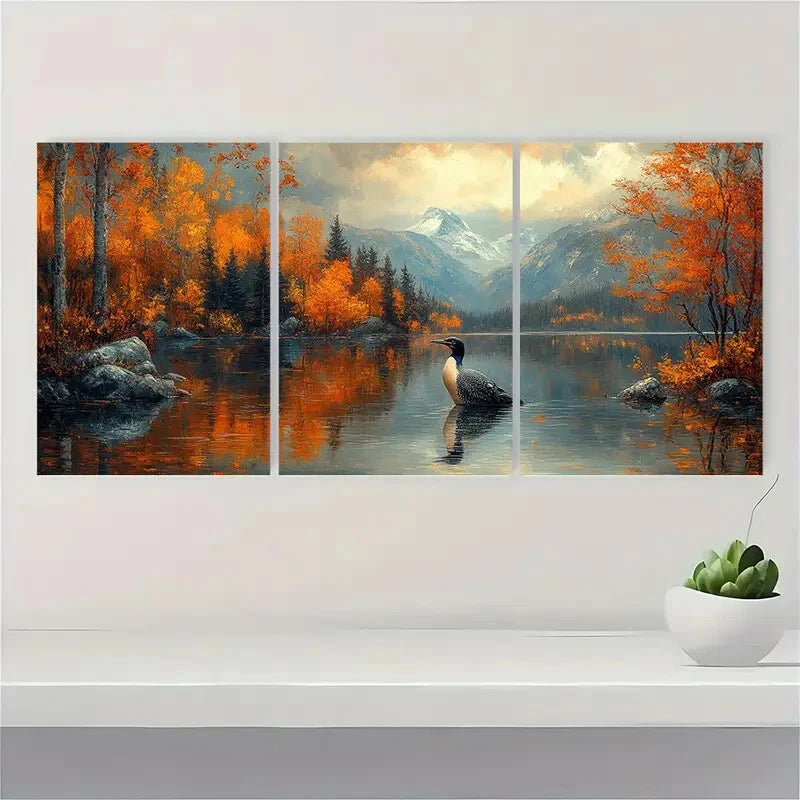 3pcs Loon Lake Landscape Painting Wall Art Set Canvas Framed 60x90cm - High Quality Print 100% Australian Made Wall Canvas Ready to Hang - Bella Home Decor