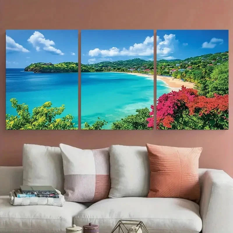 3pcs Tropical Beach Scene Grenada Perfect  Wall Art Set Canvas Framed 60x90cm - High Quality Print 100% Australian Made Wall Canvas Ready to Hang
