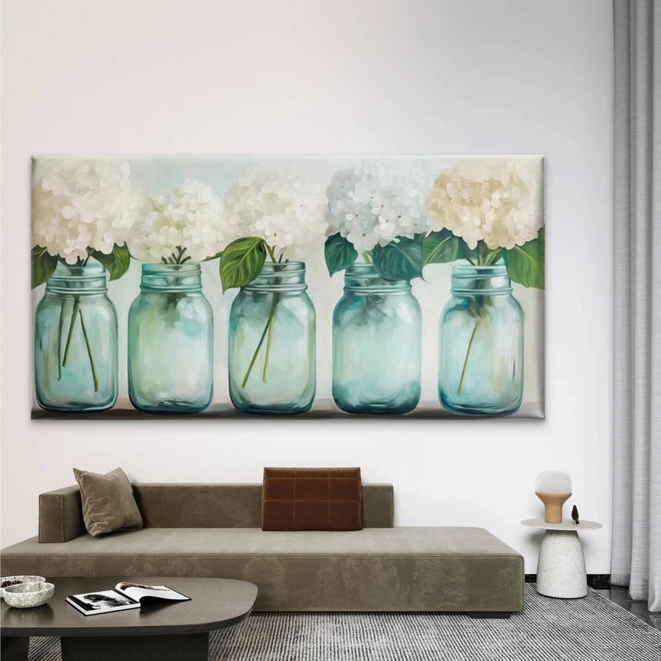 White Hydrangea Flowers Wall Art Canvas Office Home Room Framed 120x60cm