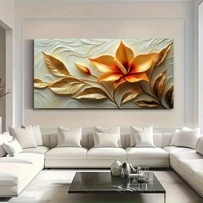 Vibrant Orange Flowers & Golden Wall Art Canvas Office Home Room Framed 120x60cm