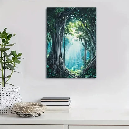 Lush Banyan Forest with Sunlit Canopy 40x60cm Metal Print Ready to Hang - Bella Home Decor
