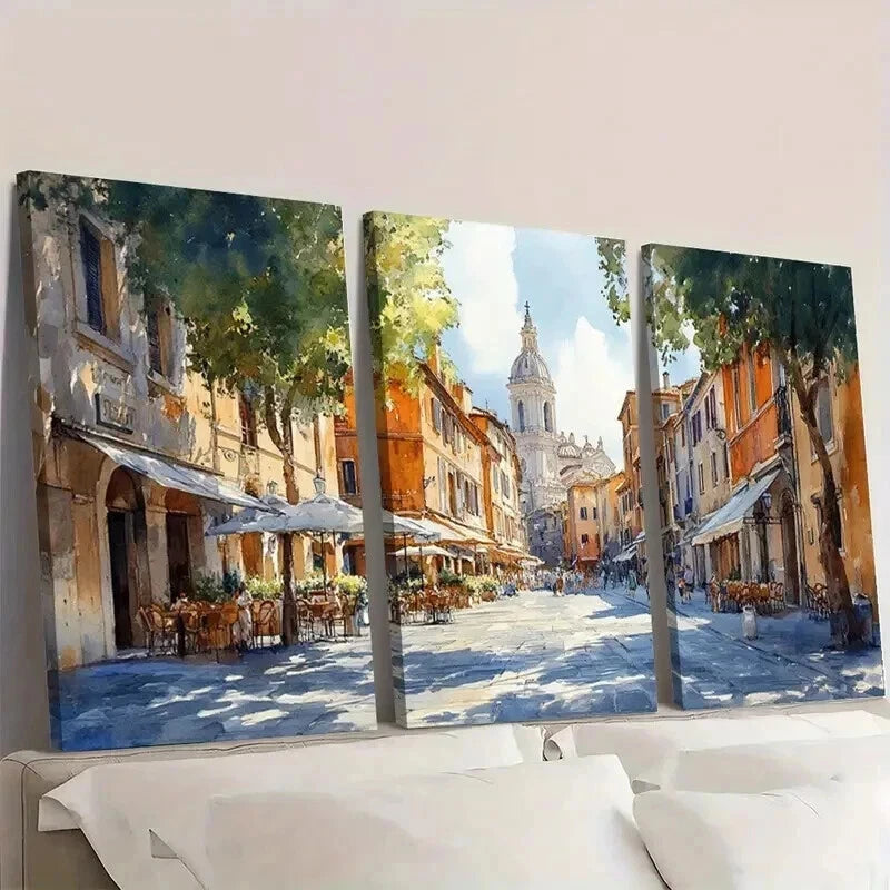 3pcs Italian Street Cafes & Historic Buildings Wall Art Set Canvas Framed 50x70cm - High Quality Print 100% Australian Made Wall Canvas Ready to Hang - Bella Home Decor