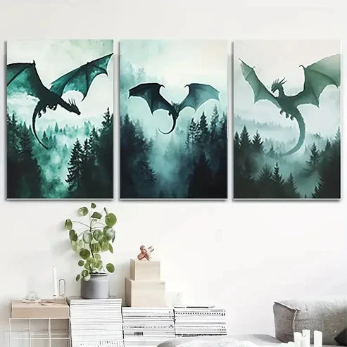 3pcs Forest & Dragon Fantasy DF  Wall Art Set Canvas Unframed - High Quality Print 100% Australian Made Wall Canvas - Bella Home Decor