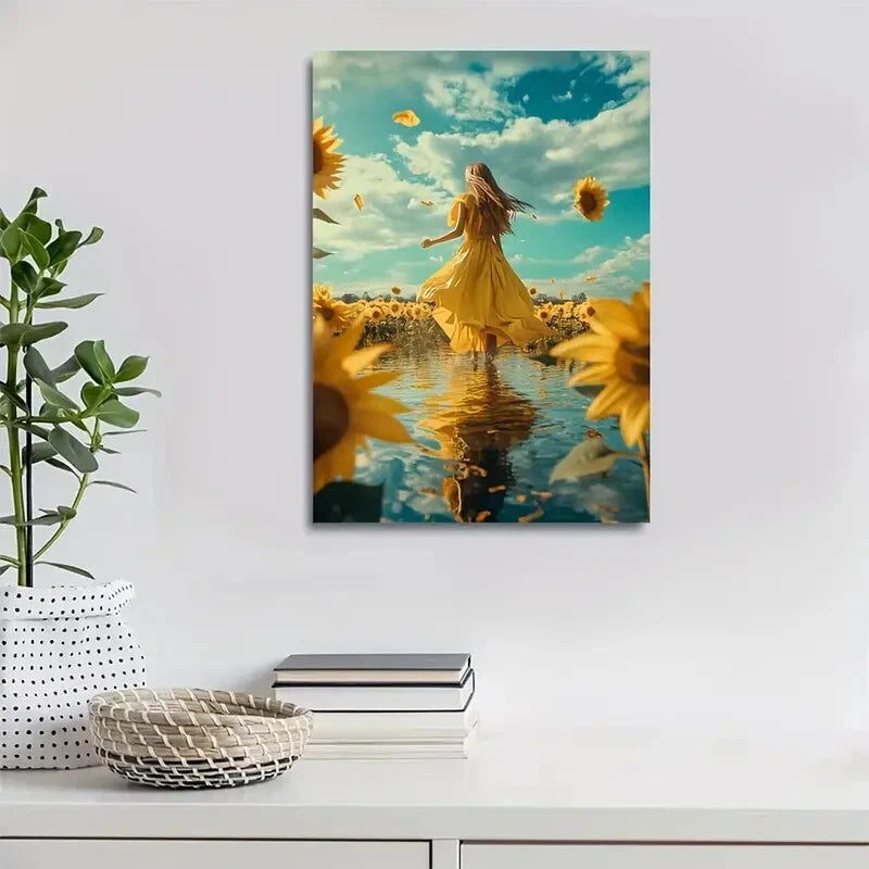 Vibrant Sunflower Field Painting with Woman Walking 40x60cm Metal Print Ready to Hang - Bella Home Decor
