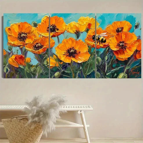 3pcs Orange Poppies & Bumblebees on Blue Floral Wall Art Canvas Unframed - High Quality Print 100% Australian Made Wall Canvas - Bella Home Decor