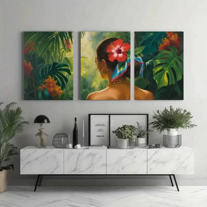 3pcs Tropical Woman Hair & Jewelry   Wall Art Set Canvas Framed 60x90cm - High Quality Print 100% Australian Made Wall Canvas Ready to Hang