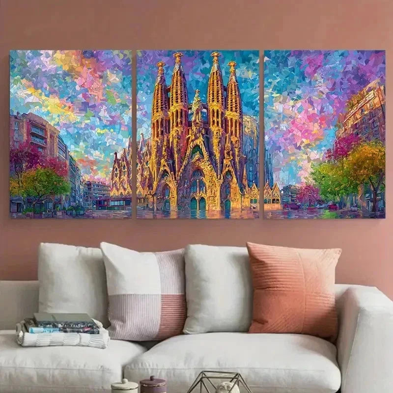 3pcs Barcelona Spain Painted Rolled Perfect Wall Art Canvas Framed 60x90cm - Bella Home Decor