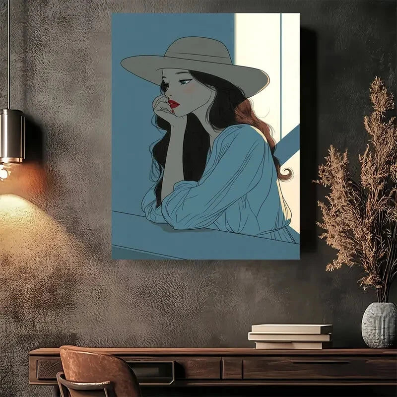 Beautiful Elegant Woman in Hat Design Painting 40x60cm Metal Print Ready to Hang - Bella Home Decor