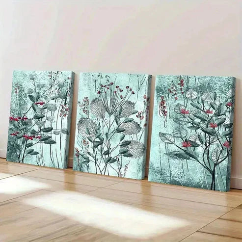 3pcs Blue & Green Leaf Design with Red Berries  Art Set Canvas Unframed - High Quality Print 100% Australian Made Wall Canvas - Bella Home Decor
