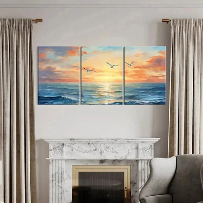 3pcs Ocean Landscape Sunset Waves & Seagulls Wall Art Set Canvas Framed 50x70cm - High Quality Print 100% Australian Made Wall Canvas Ready to Hang - Bella Home Decor