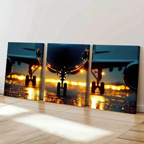 3pcs Airplane Sunset Runway Lights Wall Art Canvas Unframed - High Quality Print 100% Australian Made Wall Canvas - Bella Home Decor