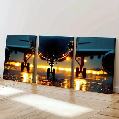 3pcs Airplane Sunset Runway Lights Wall Art Canvas Unframed - High Quality Print 100% Australian Made Wall Canvas - Bella Home Decor