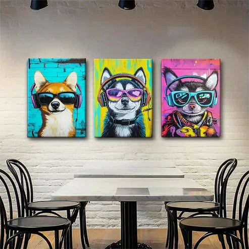 3pcs Cool Dogs in Headphones Pop Style Perfect Wall Art Canvas Unframed - High Quality Print 100% Australian Made Wall Canvas - Bella Home Decor