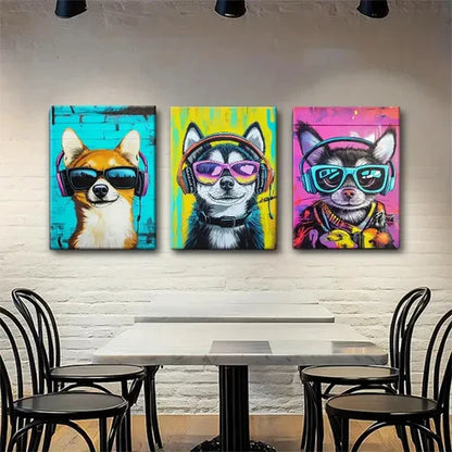 3pcs Cool Dogs in Headphones Pop Style Perfect Wall Art Canvas Unframed - High Quality Print 100% Australian Made Wall Canvas - Bella Home Decor