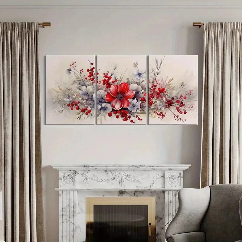 3pcs Red Flower Bouquet Abstract Floral Vibrant Metal Print Ready to Hang Art - Bella Home Decor