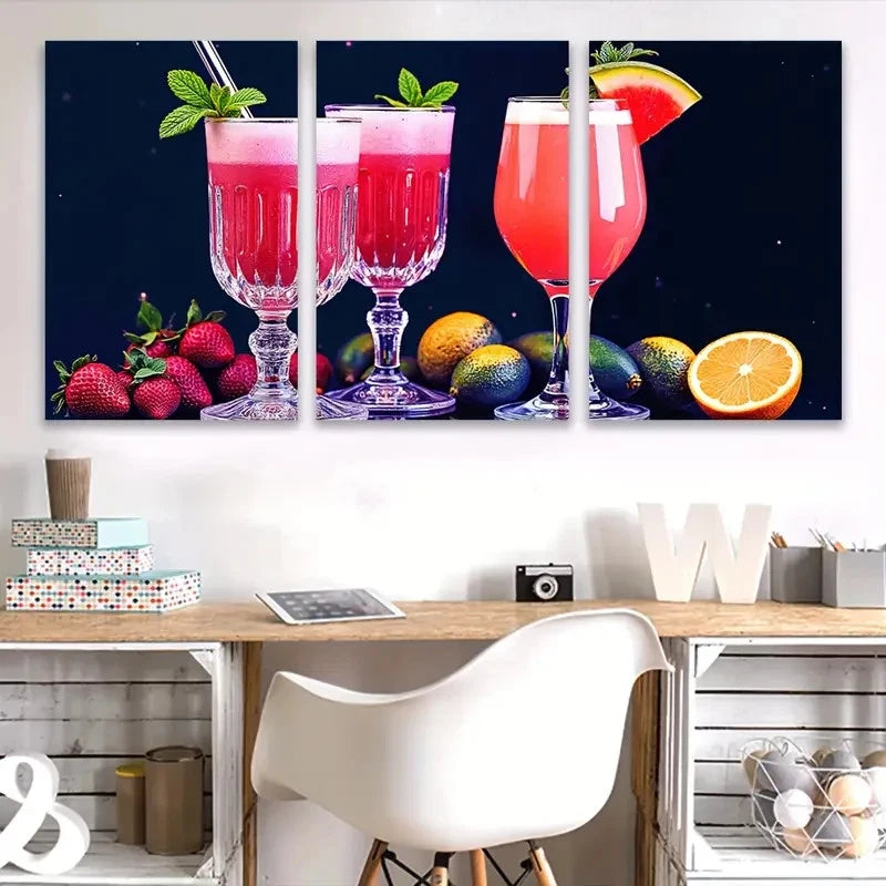 3pcs Vibrant Fruit Drink with Strawberries Wall Art Set Canvas Framed 50x70cm - High Quality Print 100% Australian Made Wall Canvas Ready to Hang