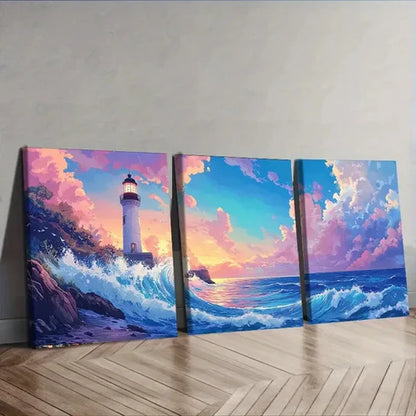 3pcs Lighthouse the Sea Sunset Scene Luxurious Wall Art Set Canvas Unframed - High Quality Print 100% Australian Made Wall Canvas