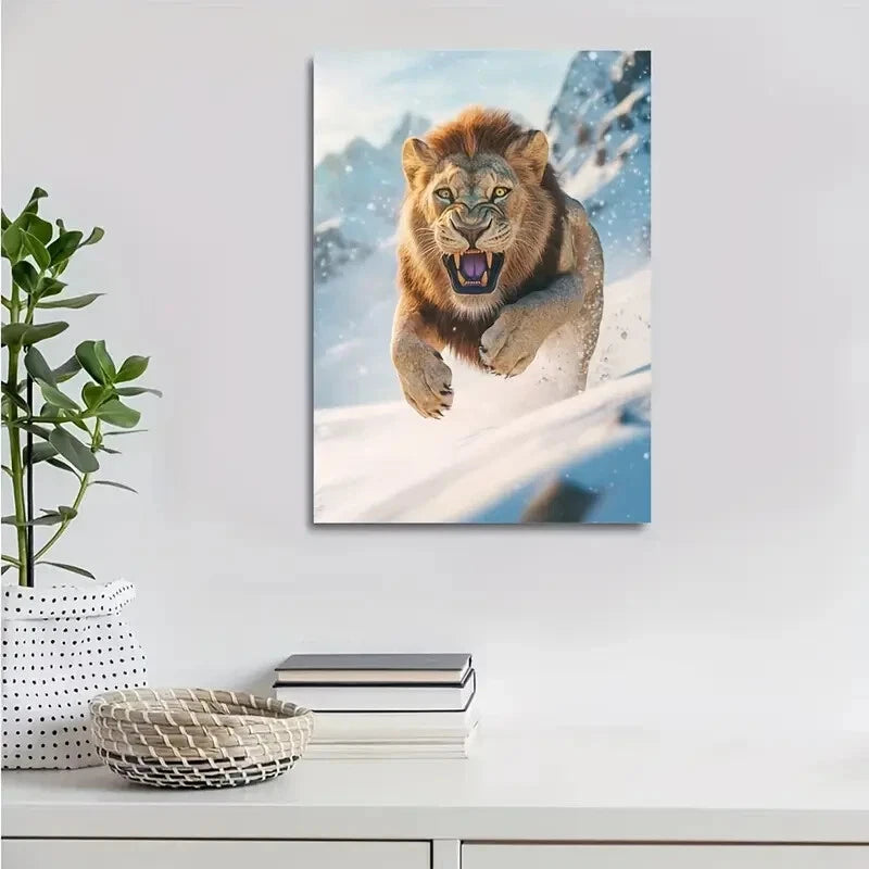 Lion Running on Snowy Mountain Painting 40x60cm Metal Print Ready to Hang - Bella Home Decor