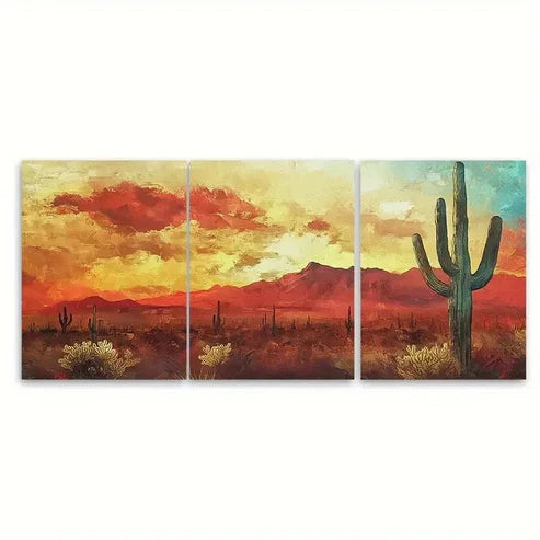 3pcs Large Cactus Desert Painting Wall Art Set Canvas Unframed - High Quality Print 100% Australian Made Wall Canvas - Bella Home Decor