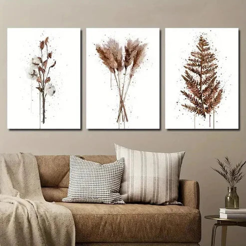 3pcs Brown Abstract Cotton Plant Print Wall Art Canvas Unframed - High Quality Print 100% Australian Made Wall Canvas