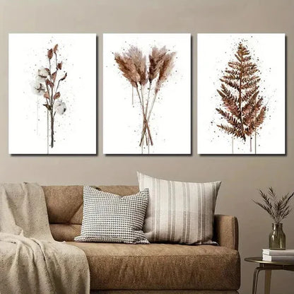 3pcs Brown Abstract Cotton Plant Print Wall Art Canvas Unframed - High Quality Print 100% Australian Made Wall Canvas