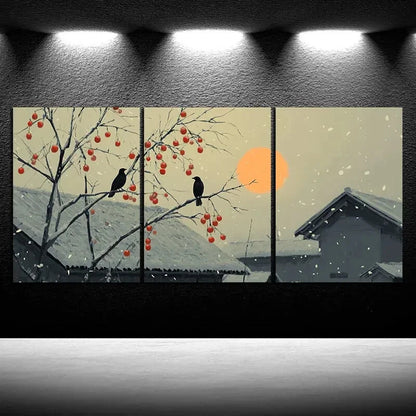 3pcs The Tree on The Eaves Sun Snowy Metal Print Ready to Hang Art