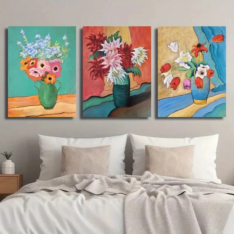 3pcs Colorful Floral Botanical Modern Vase Metal Print Ready to Hang Art