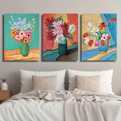 3pcs Colorful Floral Botanical Modern Vase Metal Print Ready to Hang Art