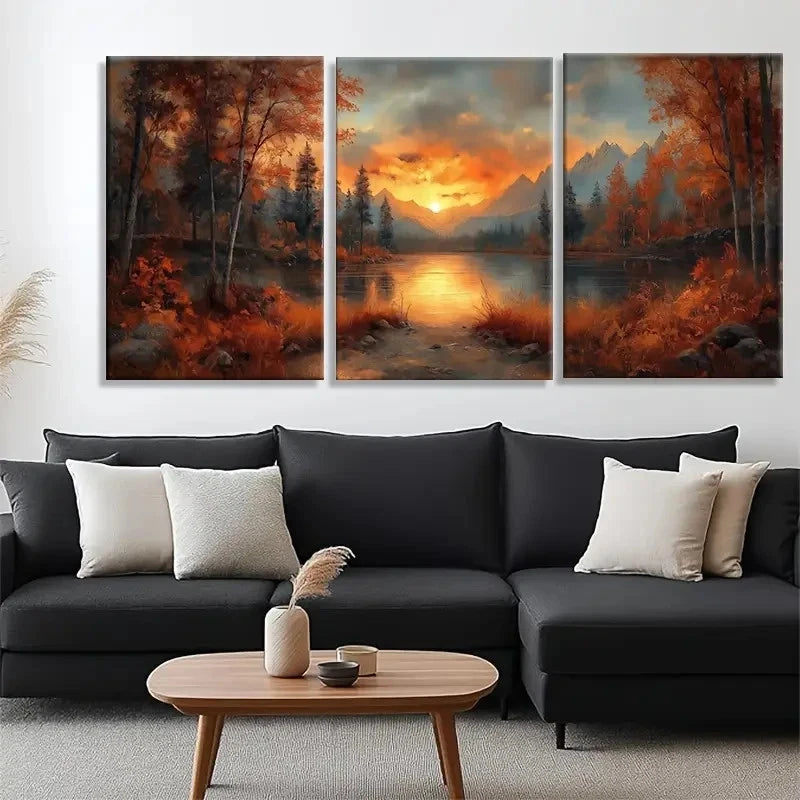 3pcs Sunset Lake Autumn Forest Wall Art Set Canvas Framed 40x60cm - High Quality Print 100% Australian Made Wall Canvas Ready to Hang