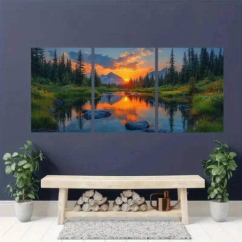 3pcs Natural Scenery with Reflective Trees Wall Art Canvas Unframed - High Quality Print 100% Australian Made Wall Canvas