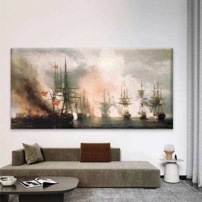 Epic Naval Battle with Warships Wall Art Canvas Office Home Room Framed 120x60cm