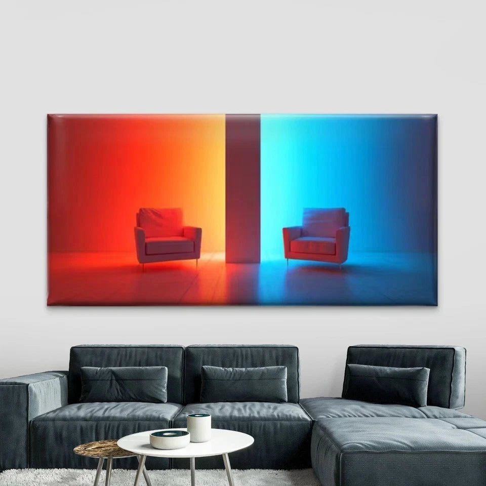 Minimalist Chair Red and Blue Wall Art Canvas Office Home Room Framed 120x60cm