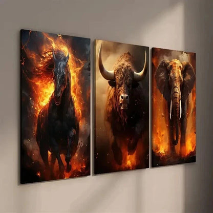 3pcs Running Hell Demon Horse Bull Elephant Wall Art Set Canvas Framed 60x90cm - High Quality Print 100% Australian Made Wall Canvas Ready to Hang