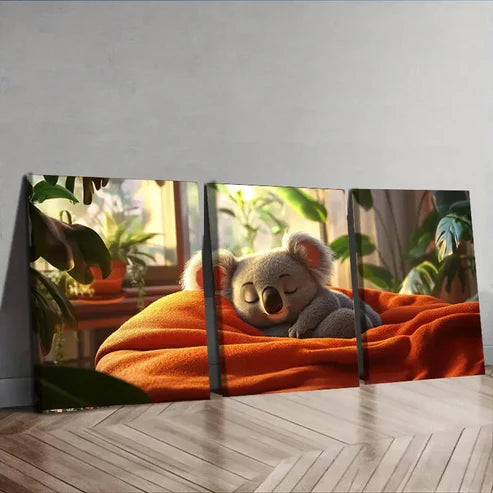 3pcs Cute Koala Adorable Nature Leaf Perfect Wall Art Set Canvas Unframed - High Quality Print 100% Australian Made Wall Canvas - Bella Home Decor