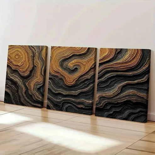 3pcs Abstract Black and Golden Bold Earthy Wall Art Canvas Unframed - High Quality Print 100% Australian Made Wall Canvas