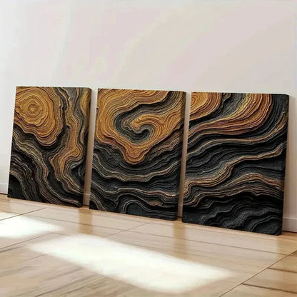 3pcs Abstract Black and Golden Bold Earthy Wall Art Canvas Unframed - High Quality Print 100% Australian Made Wall Canvas