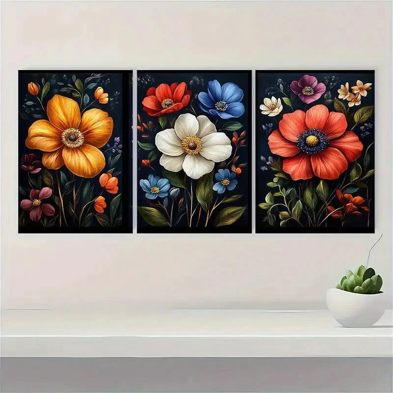 3pcs Art Set Dark Wildflower Floral  IO  Wall Art Set Canvas Framed 60x90cm - High Quality Print 100% Australian Made Wall Canvas Ready to Hang - Bella Home Decor